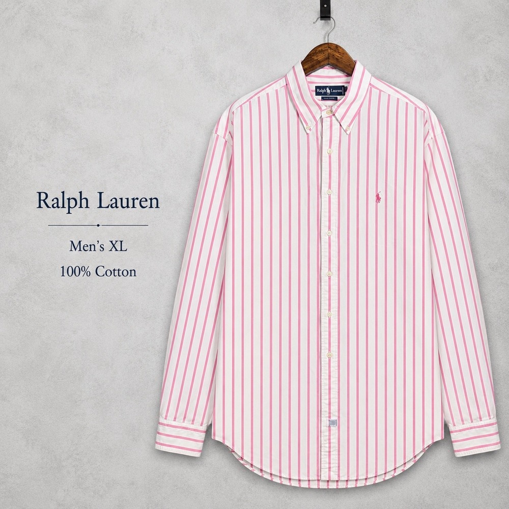 Ralph Lauren Mens XL Pink White Striped Button Down Shirt Cotton Long Sleeve